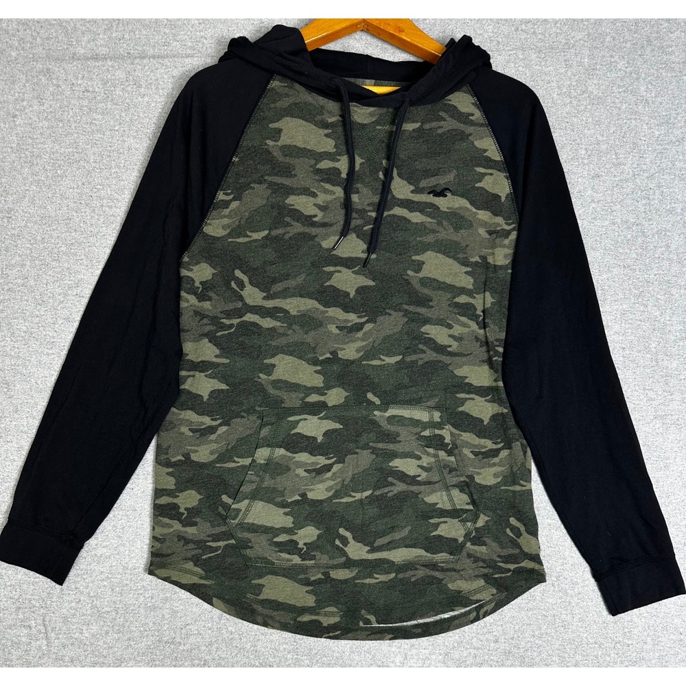 Y2K Hollister Hoodie Shirt Large Green Camo Raglan Sleeve Lightweight Tee